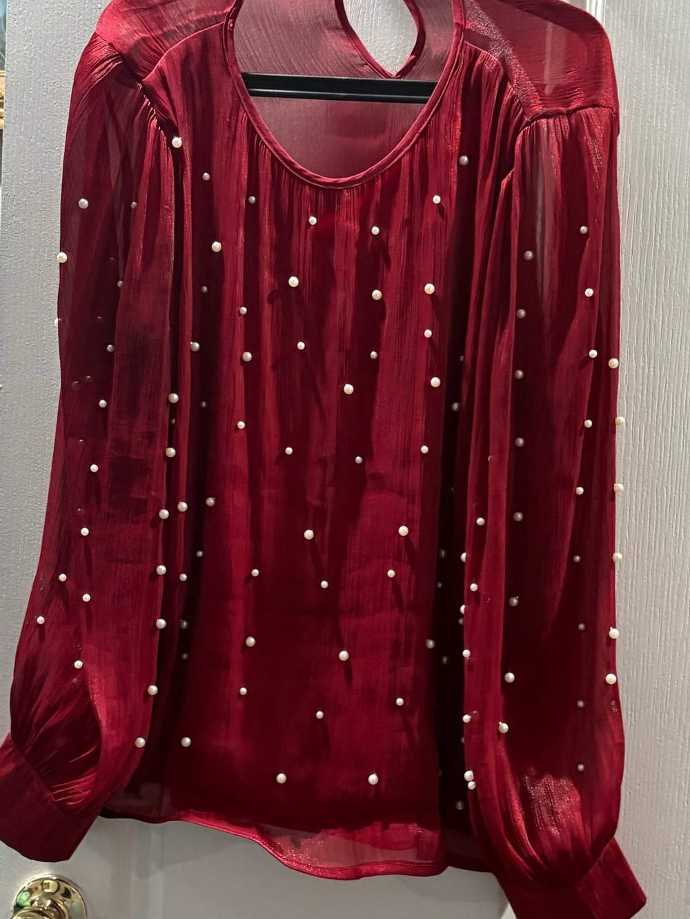 Women's Red Pearl-Accent Long-Sleeve Blouse